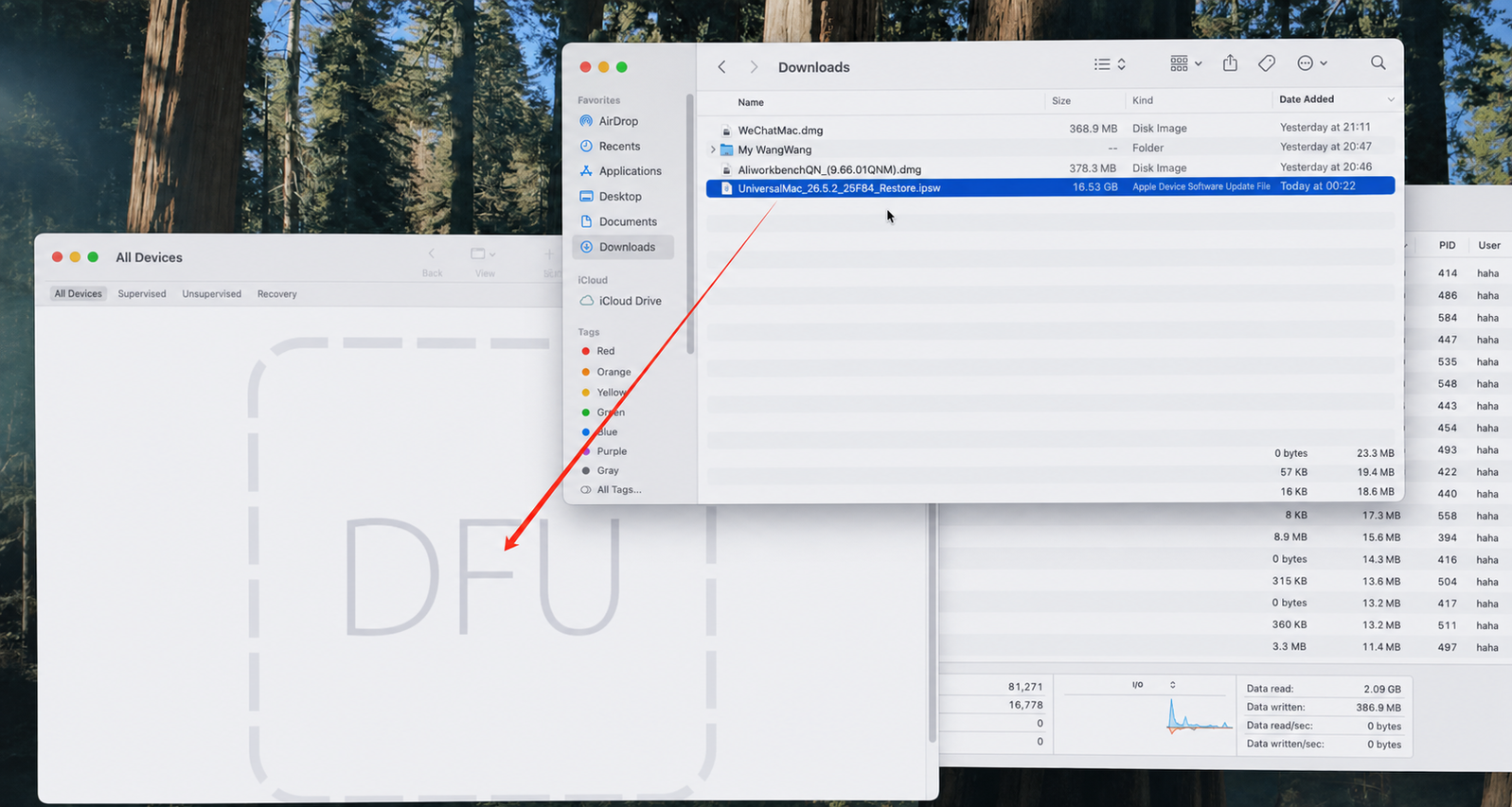 Dragging the IPSW into the DFU device area